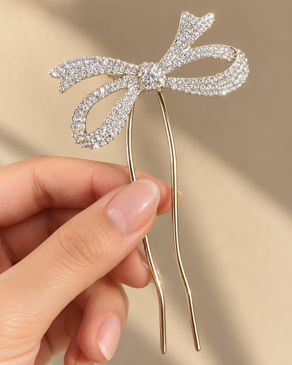 The rhinestone bow hair pin held between two fingers, about the length of a finger and a half