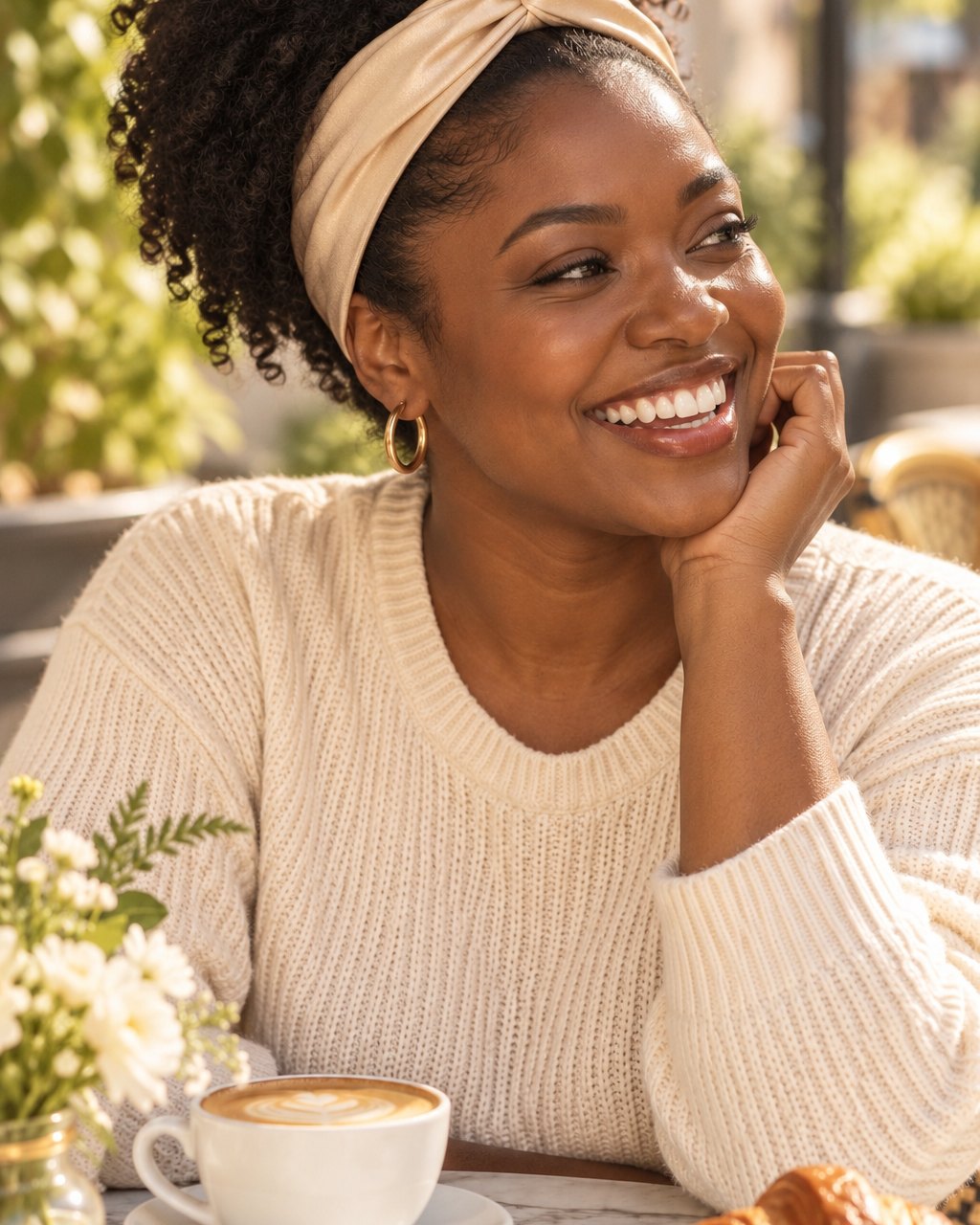 Woman in a cream knit laughing at a brunch table, wearing the champagne twist headband