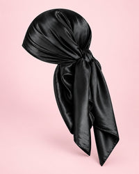 Black satin square scarf with a glossy sheen