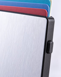 Close-up of the brushed aluminium face, thin black edge and small side lever of the card holder