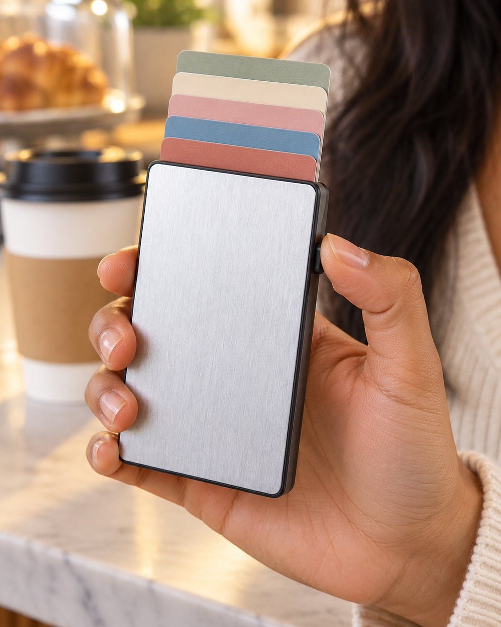 A thumb presses the side lever of the silver card holder and plain cards rise in a staircase at a café counter