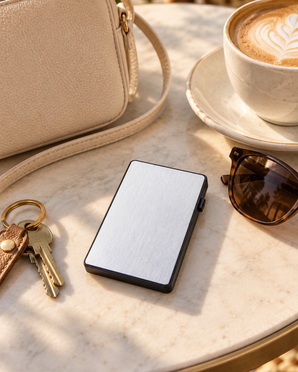 Silver card holder on a café table beside a mini crossbody bag, keys, sunglasses and a coffee