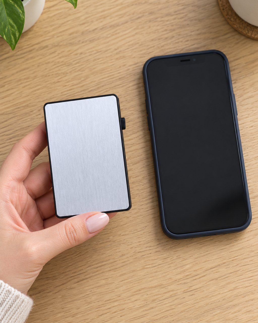 The closed silver card holder held in a hand beside a phone, much smaller than the phone