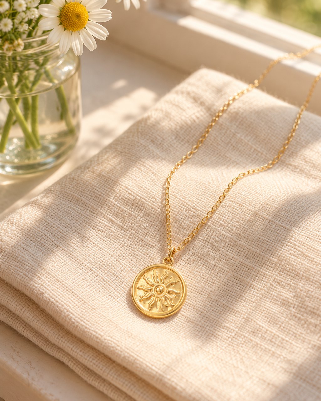 The sun coin necklace on a folded linen napkin on a sunny windowsill beside a few daisies