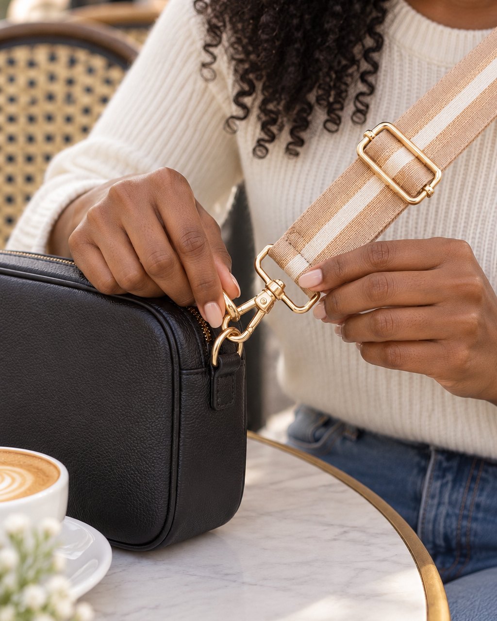 Hands clip the beige striped strap onto the ring of a plain black crossbody bag