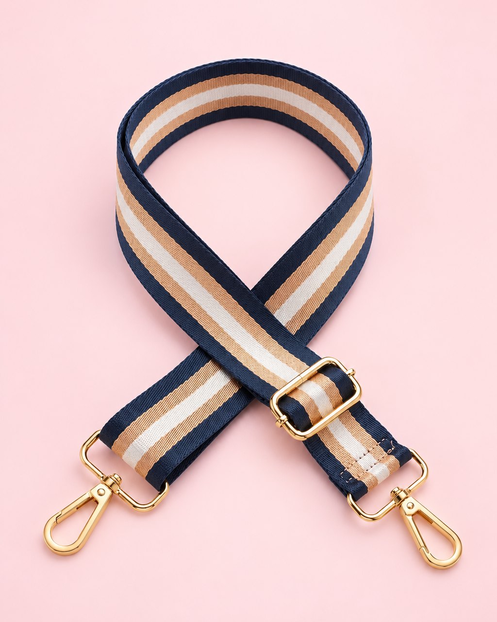 Navy and cream striped webbing bag strap with gold-tone clips