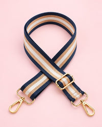 Navy and cream striped webbing bag strap with gold-tone clips