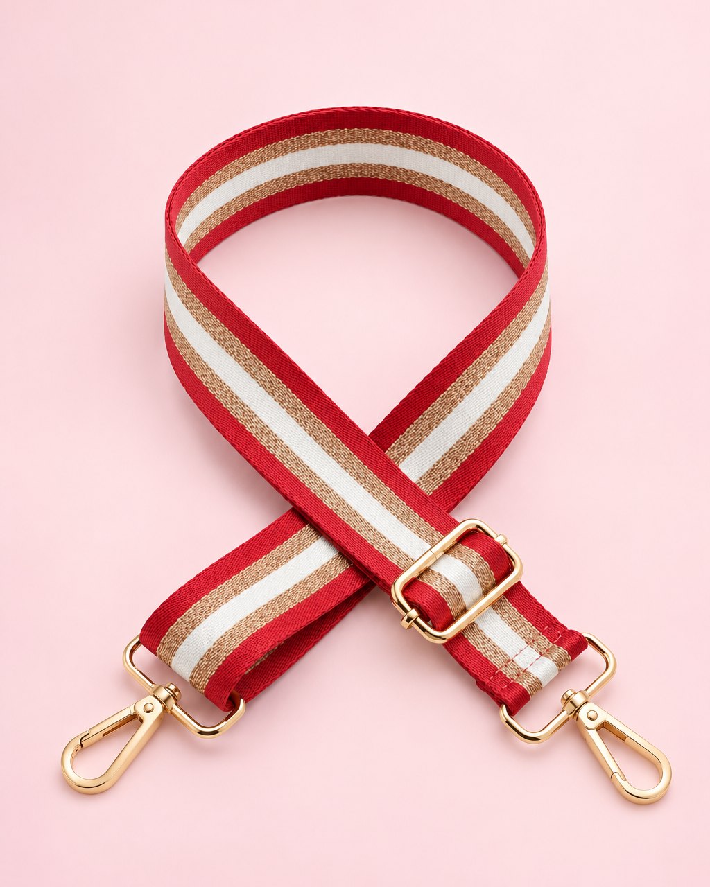 Red and cream striped webbing bag strap with gold-tone clips