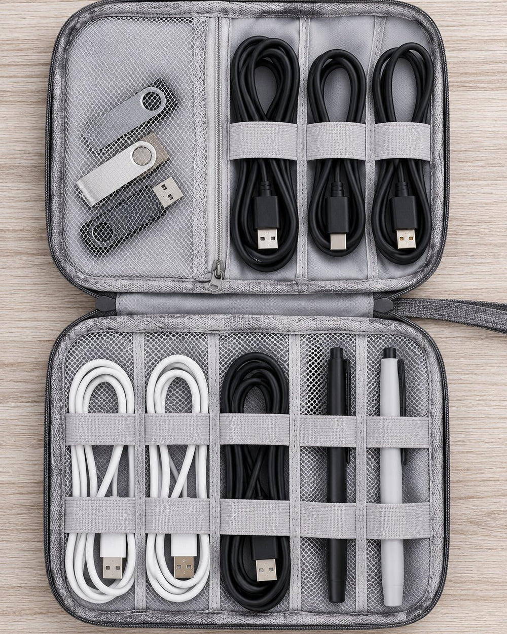 Open pouch lying flat: a mesh pocket and elastic loops holding coiled cables, with rows of loops below