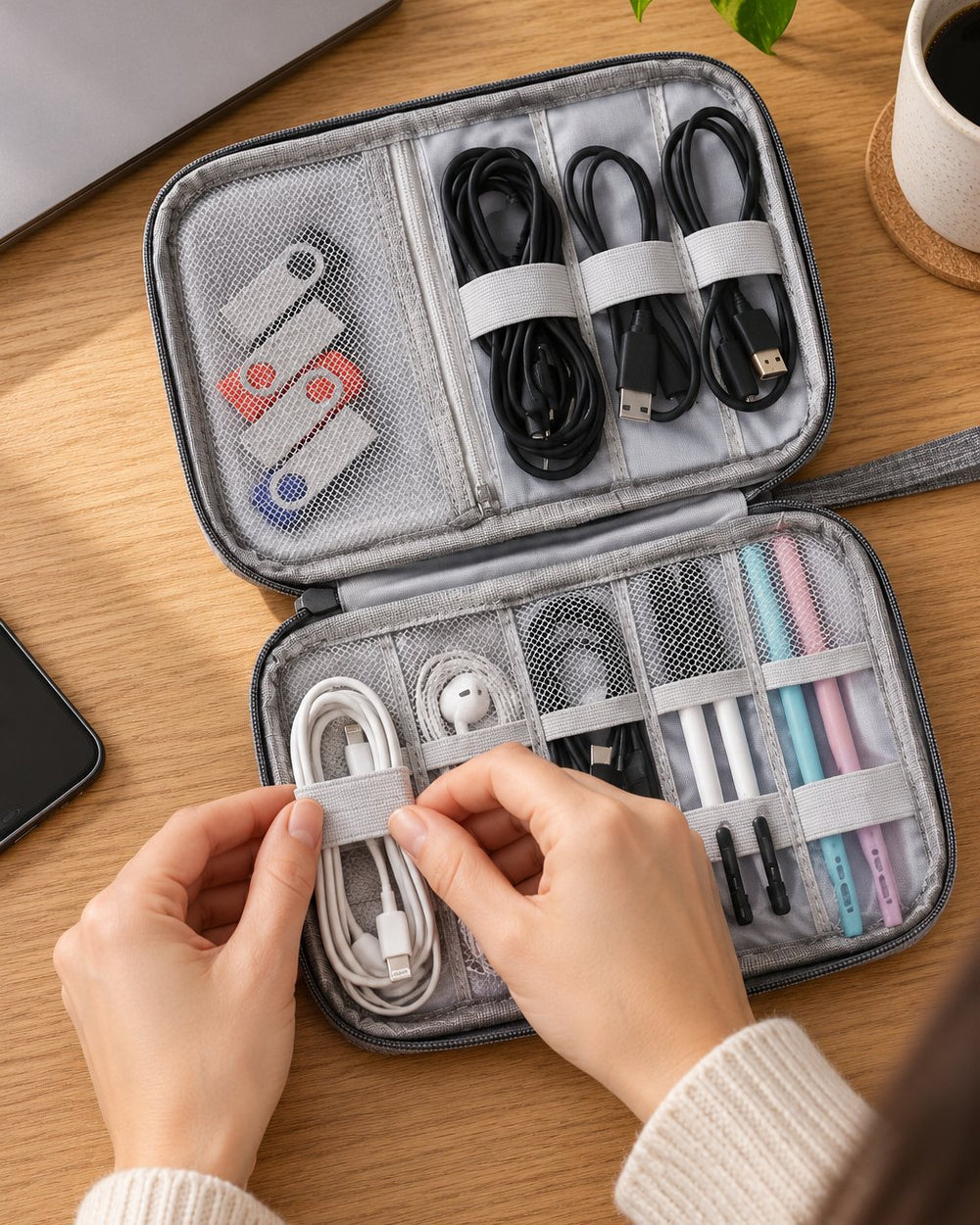 Hands slide a coiled charging cable under an elastic loop inside the open grey pouch