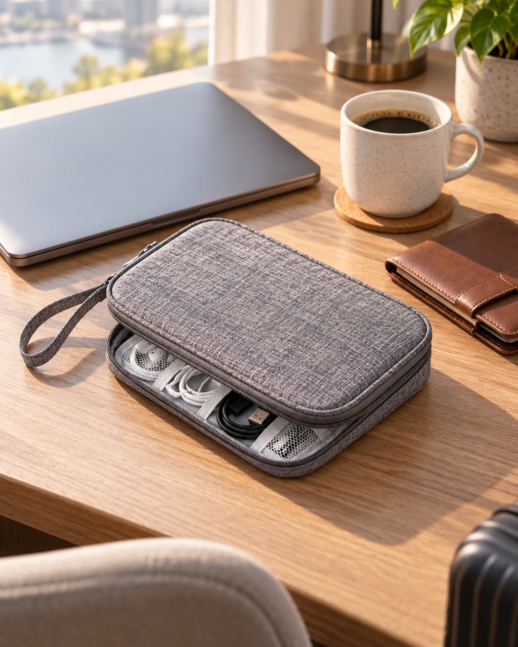 The grey cable pouch beside a laptop and a coffee in a hotel room, zip half open
