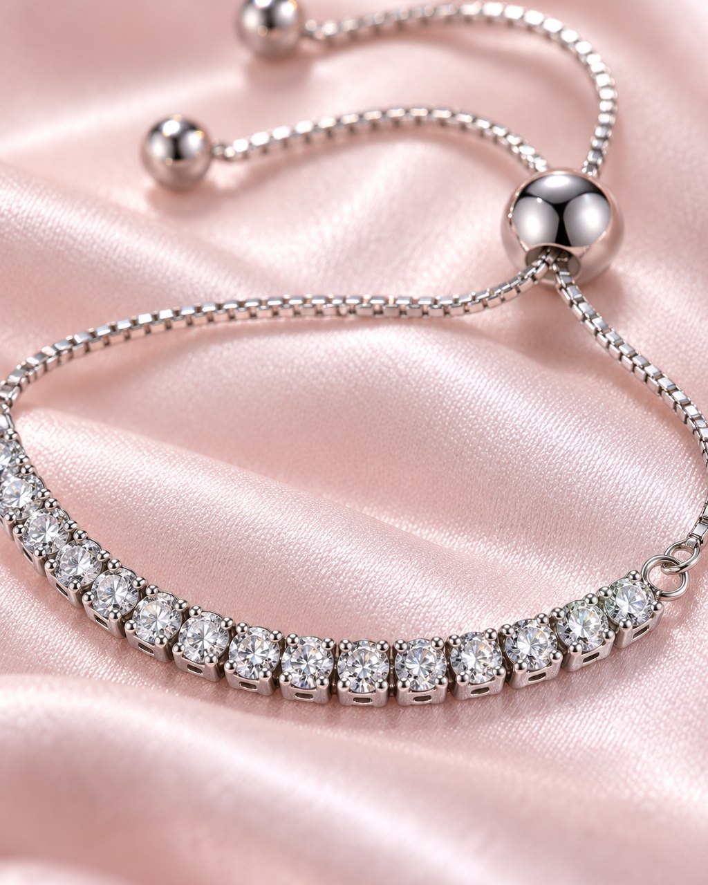 Close-up of the row of clear stones and the round slider bead