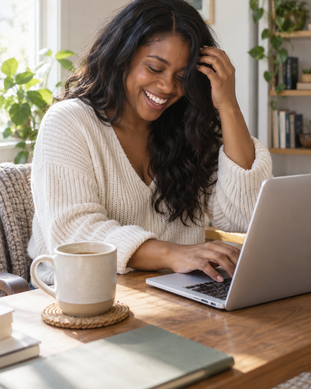 Woman laughing as she pushes loose hair out of her face while typing at a desk