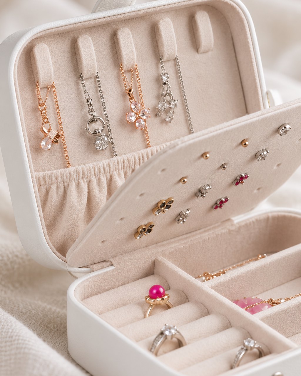 Close-up of necklaces hanging on the lid hooks above the flip-down earring board