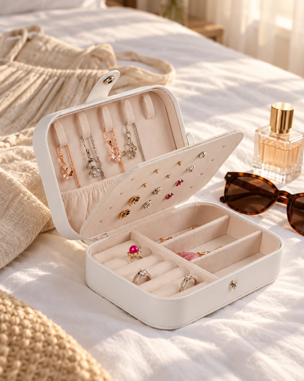 The open white jewellery case on a hotel bed beside a folded dress, sunglasses and a small perfume bottle