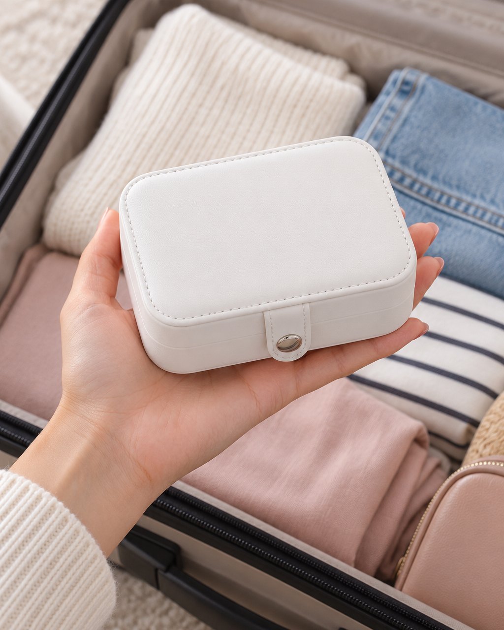 The closed white case held flat in one hand above an open carry-on suitcase