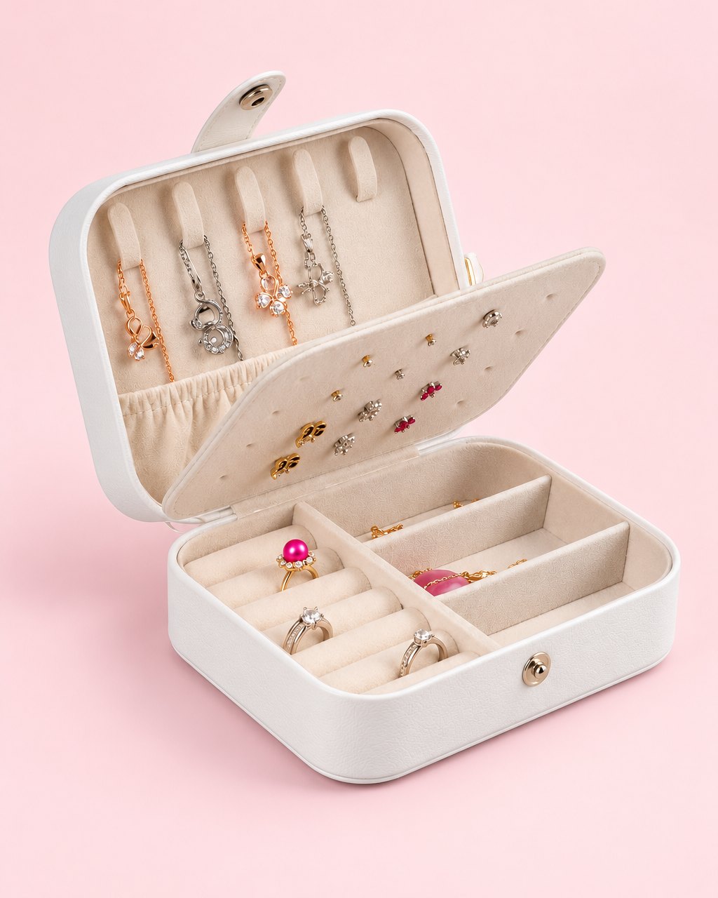 Open white travel jewellery case with necklaces on hooks, studs on a board and rings in rolls